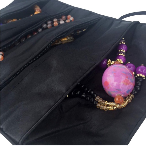 NWOT Gold Fortune Travel Jewelry Silk Embroidery Organizer w/ Tie Close in Black - Picture 6 of 7